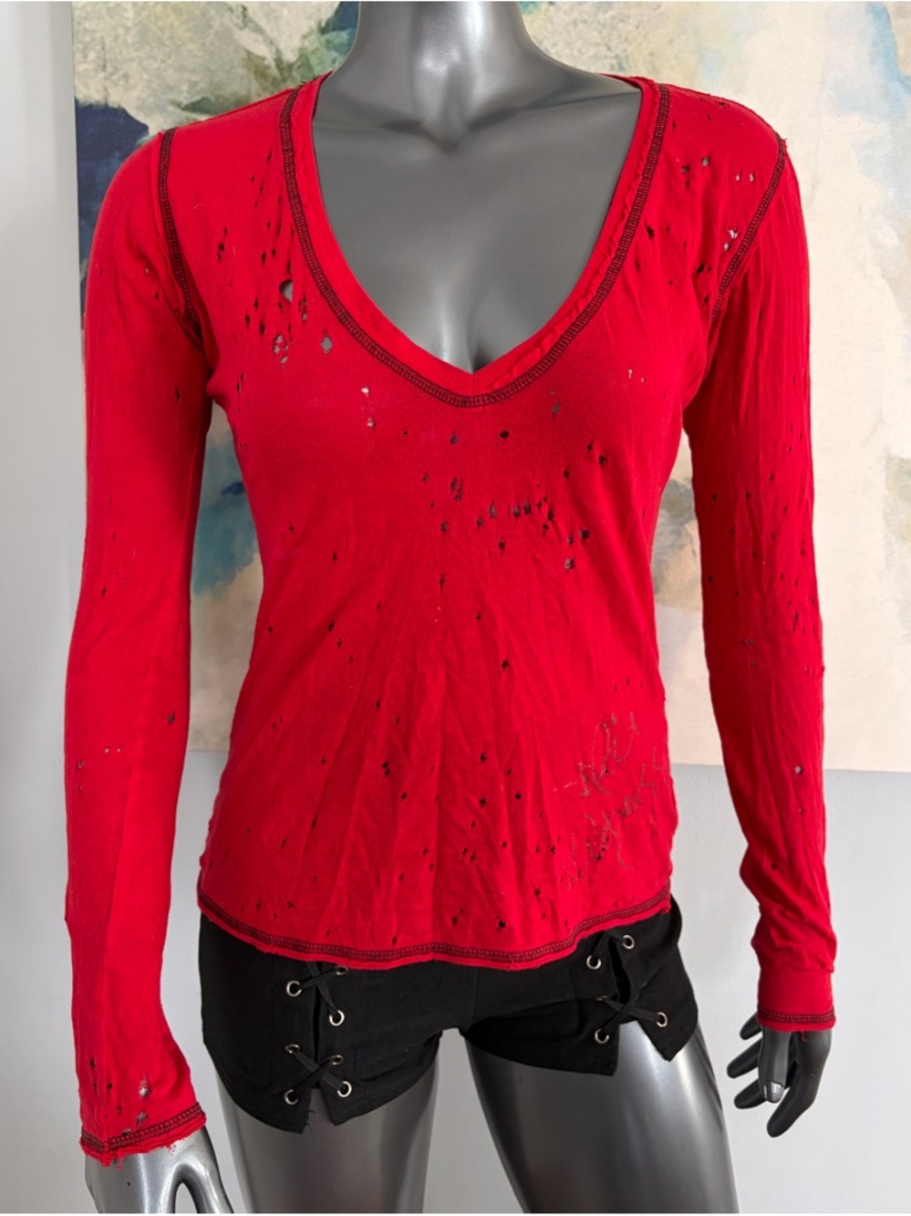 Y2K Red Distressed V-Neck Long Sleeve "Imperfectly Perfect" Top